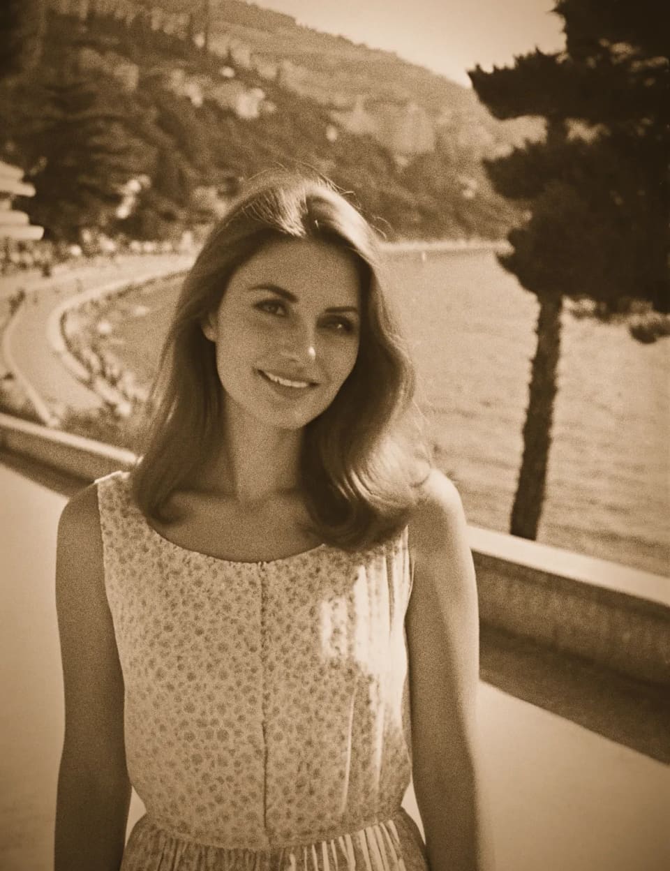 Старая выцветшая фотография: молодая женщина на набережной Ялты, 1968 год
