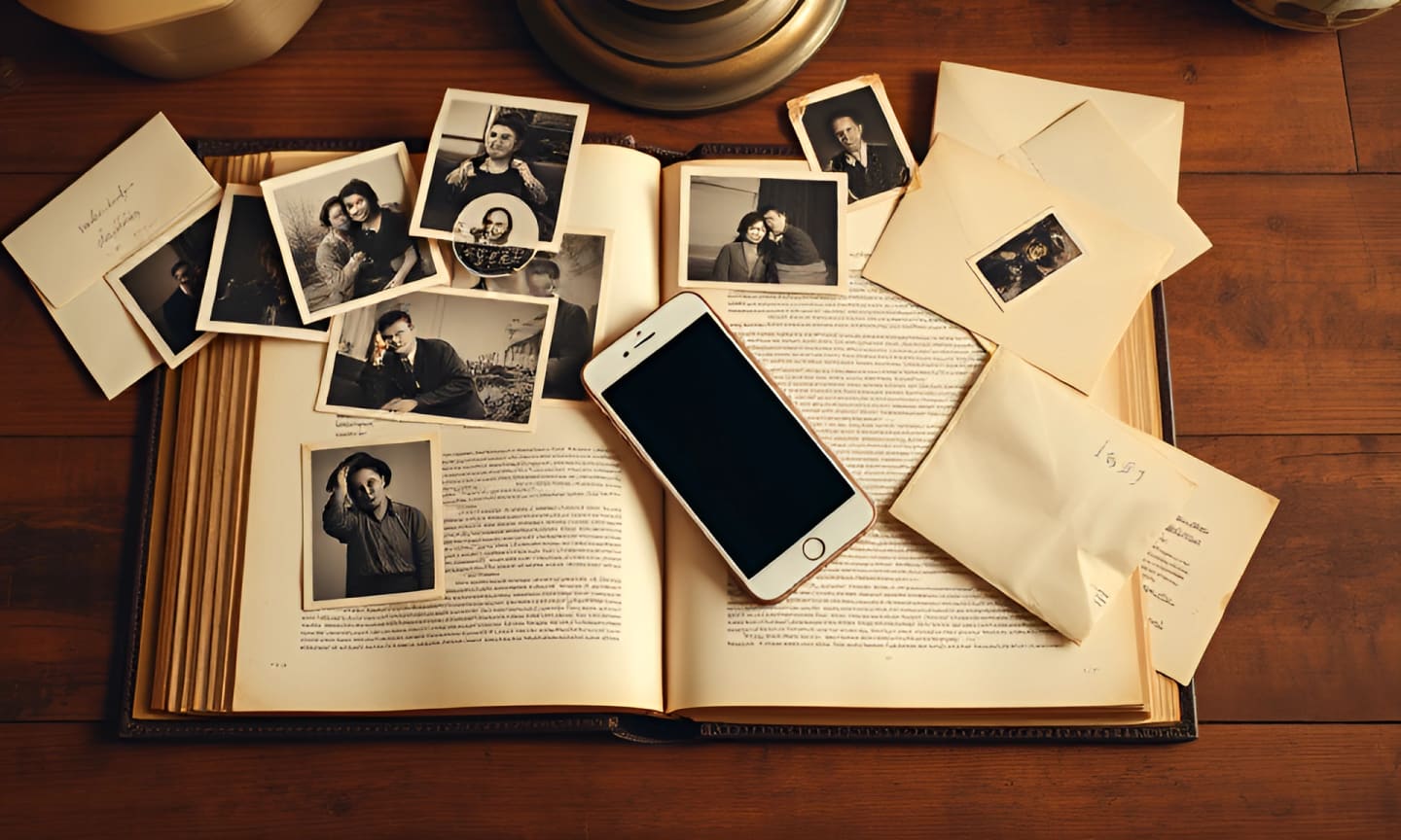 Раскрытый семейный альбом, старые фотографии, письма и смартфон на деревянном столе